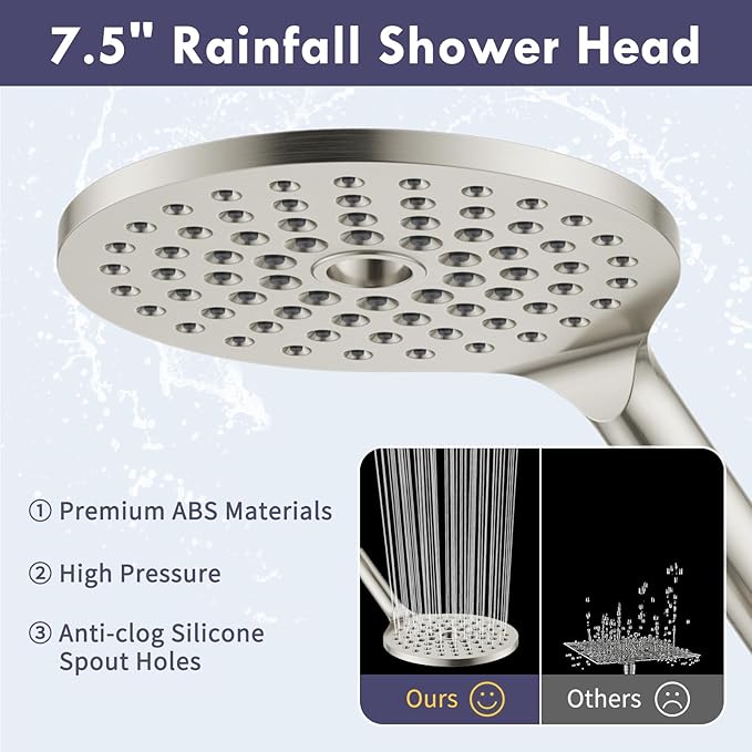 Dual Shower Heads with Handheld Spray, 7.5" Rainfall Shower Head with Handheld Combo, High Pressure Double Shower Heads with Handheld Spray, 9 Modes Showerhead with 78" Hose (Brushed Nickel)
