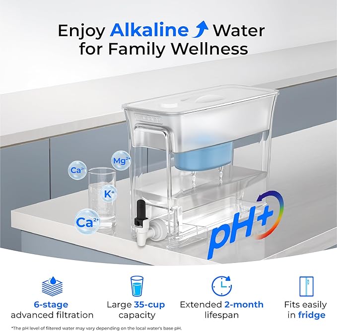 Waterdrop Slim Alkaline Water Filter Dispenser, 35-Cup, Large Capacity, 100-Gallon Long-Life, Faster Filtration, Reduces Chlorine, PFOA/PFOS and More, BPA Free, White (with 1 Filter)