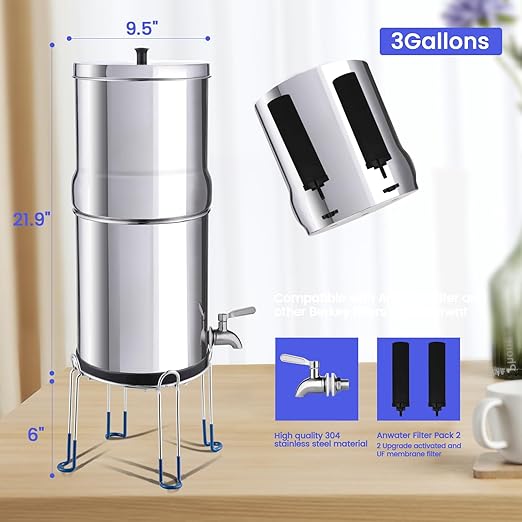 Amwater NSF/ANSI 42&372 Certification 3G Stainless Steel Gravity-Fed Water Filter System, Reduces Lead and up to 99% of Chlorine,with 4 Black Purification Filter, Metal Spigot and 6inch Stand