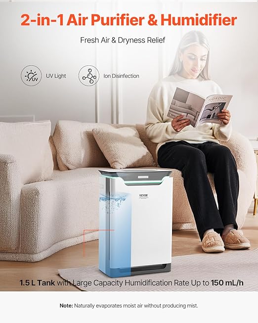 VEVOR Air Purifier with Humidifier, Covers Up to 2000 ft² in One Hour, HEPA 13 Filter, 36dB Quiet, Filters Up to 99.97% of Smoke, Dust, Pet Dander, 2 in 1 Air Cleaner for Home, Large Room, Bedroom