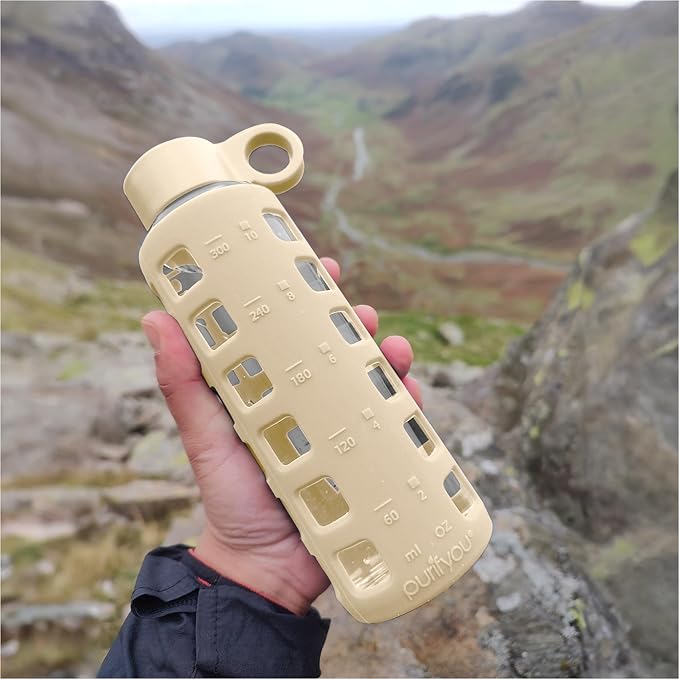 purifyou 40oz / 32oz / 22oz / 12oz Borosilicate Glass Water Bottle with Time & Volume Markers, Silicone Sleeve, Stainless Steel Lid | Reusable Glass Bottle for Water & Juice (12oz Pearled Ivory)