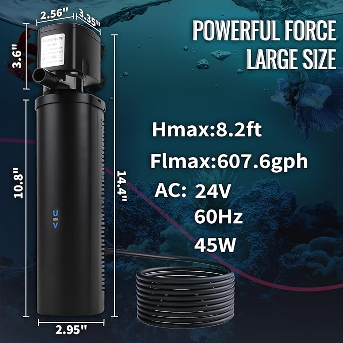 TARARIUM 660GPH Aquarium Fish Tank Filter with 24V DC Powerful Pump for 100-400 Gallon Green Cleaning Machine for Turtle Tank Saltwater Freshwater Crystal Clear, Cold Plunge Filter