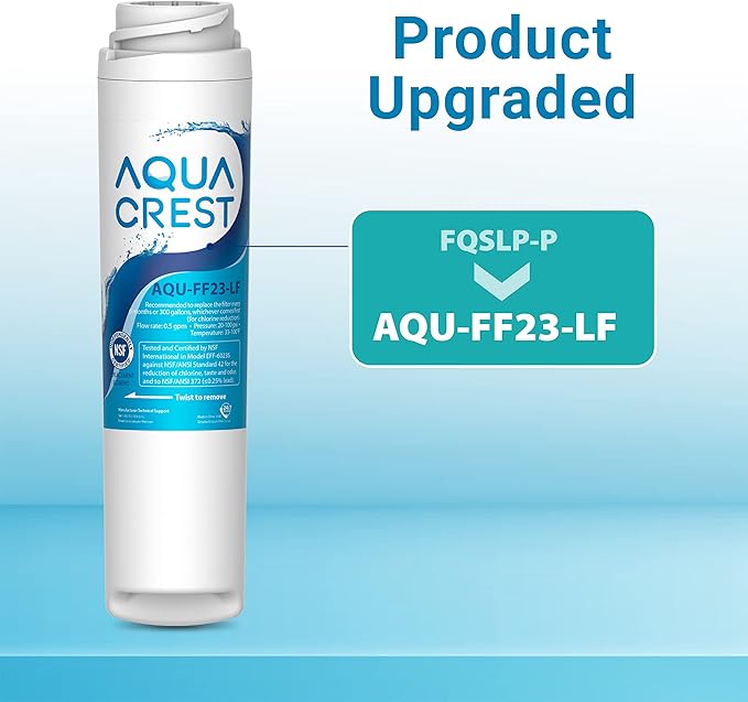AQUA CREST FQSLF, FQSVF Under Sink Water Filter, Replacement for GE FQSLF, FQSVF, FQSVN, FQROPF, GXSV65R Undersink Water Filter, NSF 42 Certified (2 Pack), Model no.AQU-FF23-LF