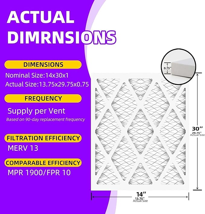 14x30x1 MERV 13 (6-Pack) Pleated Air Filter (Actual Size: 13.75"x29.75"x0.75") MPR 1900 & FPR 10, Furnace Air Filters,14x30x1 air filter