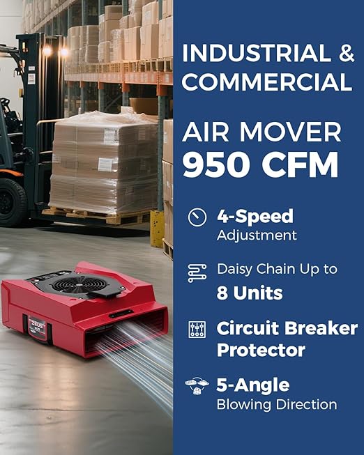 ALORAIR Zeus 900 Air Mover Commercial Blower for Carpets, Walls, Plumbing Use, Variable Speed Floor Blower Fan, 950 CFM with 1.8 Amps, Circuit Breaker Protection,on-Board Duplex GFCI, Red
