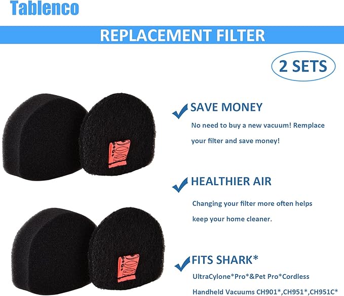 for Shark Cordless Handheld Vacuum UltraCyclone Pet Pro Plus Replacement Foam Felt Filters, Compatible with Shark CH901 CH950 CH951 CH951C CH900WM XL Dust Cup Filter, Part #XFTRCH900 2 Pack