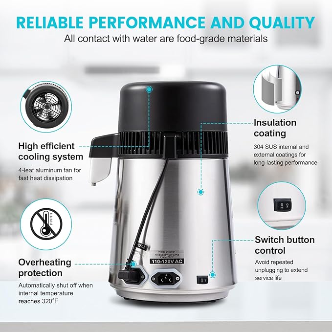 DC HOUSE Water Distiller 1 Gallon Distilled Water Machine, Stainless Steel Water Distillers for Home Countertop, 750W Distilled Water Maker Tabletop Distiller to Make Clean Water