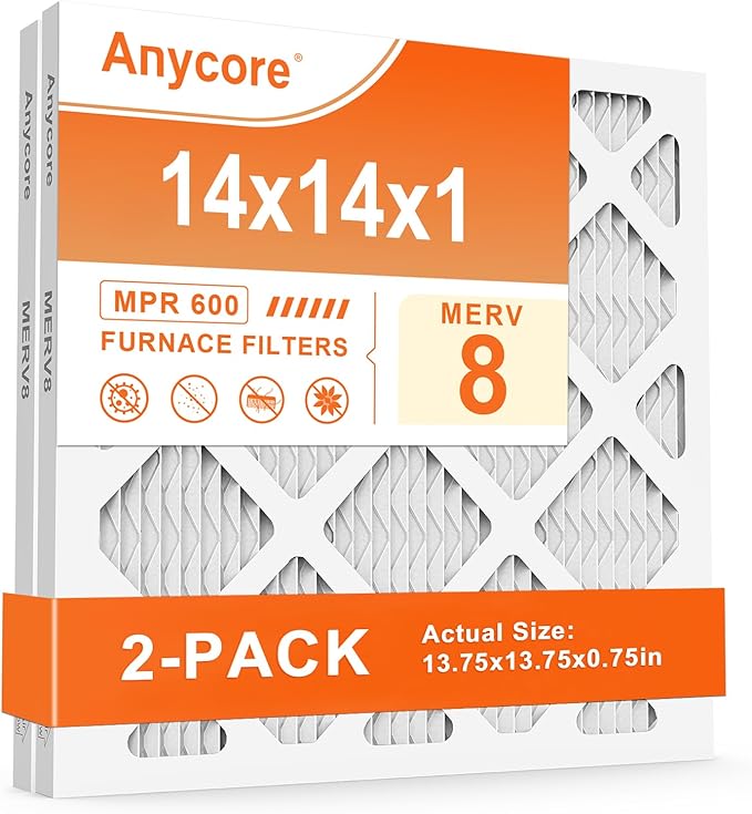 14x14x1 Air Filter MERV 8 MPR 600 FPR 5 AC HVAC Furnace Pleated Filters for Home Office (2-Pack) (Actual Size: 13.75x13.75x0.75 inch)
