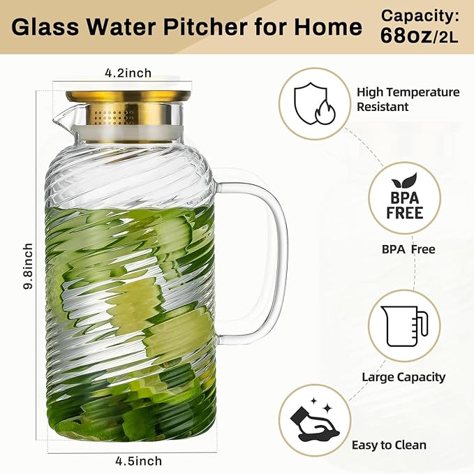 2 PACK Glass Pitcher with Lid, 68 oz/ 2 Liter Spiral Pattern Water Pitcher,Glass Water Carafe for Cold Brew, Coffee, Lemonade, Iced Sun Tea,Beverage, Milk, Heat Resistant