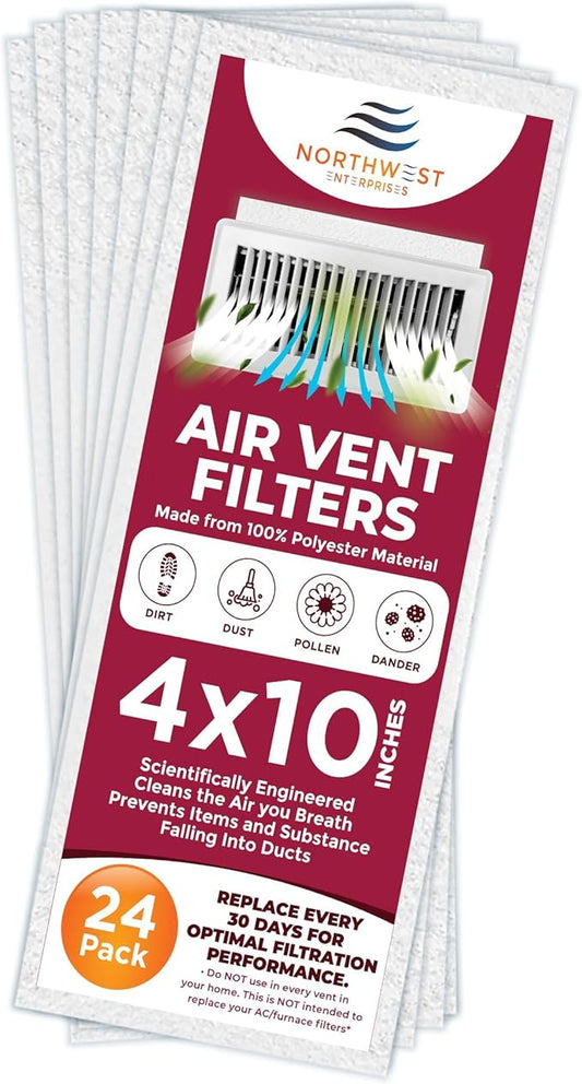 NORTHWEST ENTERPRISES Vent Filters, 24 Floor Vent Register Filters - 4"x10", 90 Day Filtration.