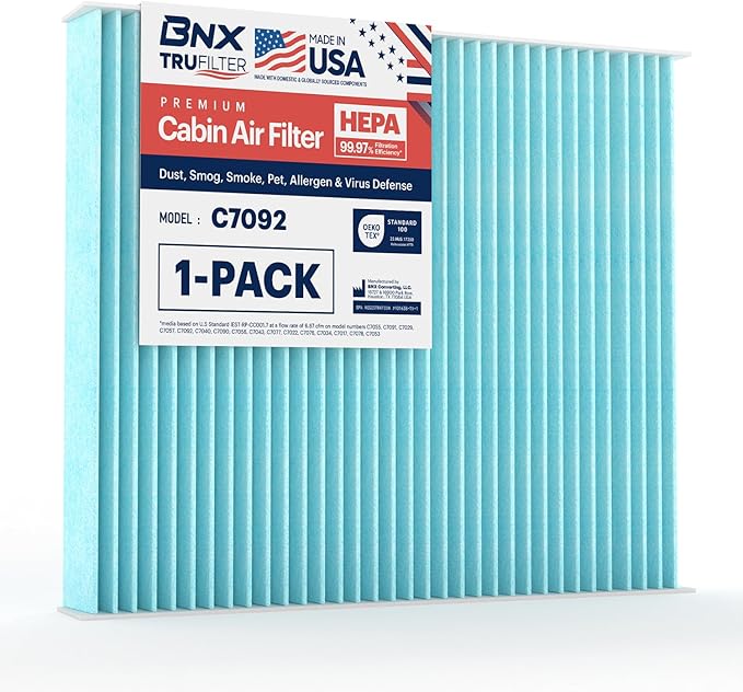 BNX TruFilter C7092 Cabin Air Filter, HEPA 99.97%, MADE IN USA, Compatible with Subaru Crosstrek, Ascent, Impreza, Legacy, Outback, Toyota Prius C-HR, Prius AWD-e, Prius Prime, Corolla, RAV4, Venza