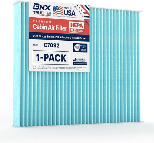 BNX TruFilter C7092 Cabin Air Filter, HEPA 99.97%, MADE IN USA, Compatible with Subaru Crosstrek, Ascent, Impreza, Legacy, Outback, Toyota Prius C-HR, Prius AWD-e, Prius Prime, Corolla, RAV4, Venza