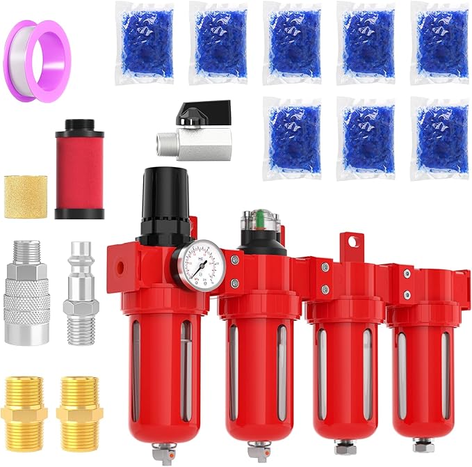 3/8" NPT Industrial Grade 4 Stage Aluminum Air Drying System, Coalescing Filter, Particulate Filter, Double Desiccant Dryer and Air Regulator,Manual Drain For Plasma Cutter and Paint Spray