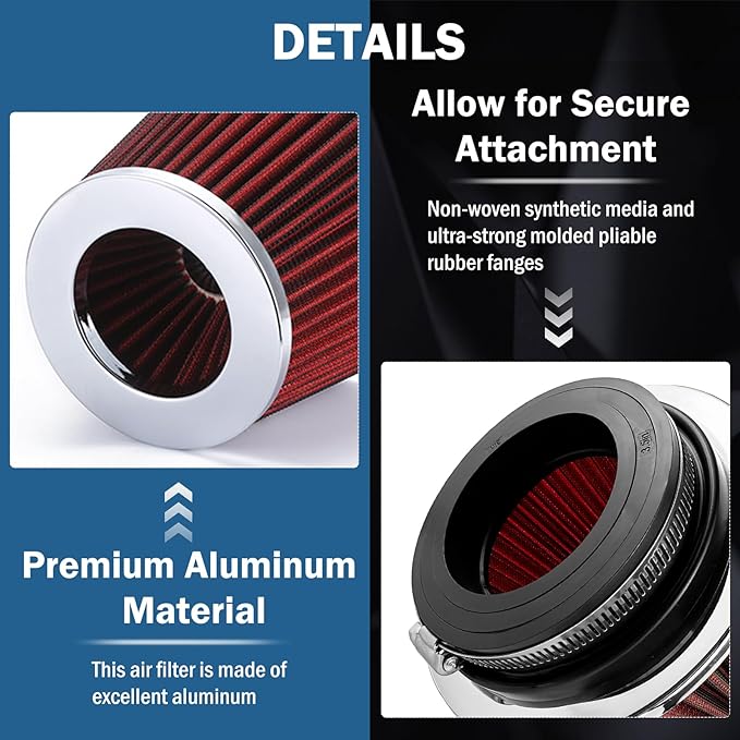 Universal Clamp-On Air Intake Filter, Fit Intake Tube with 3/3.5/4in Diameter, High Performance, Washable Filter, Replacement Air Filter, Flange Diameter 3inch/76mm (Red)