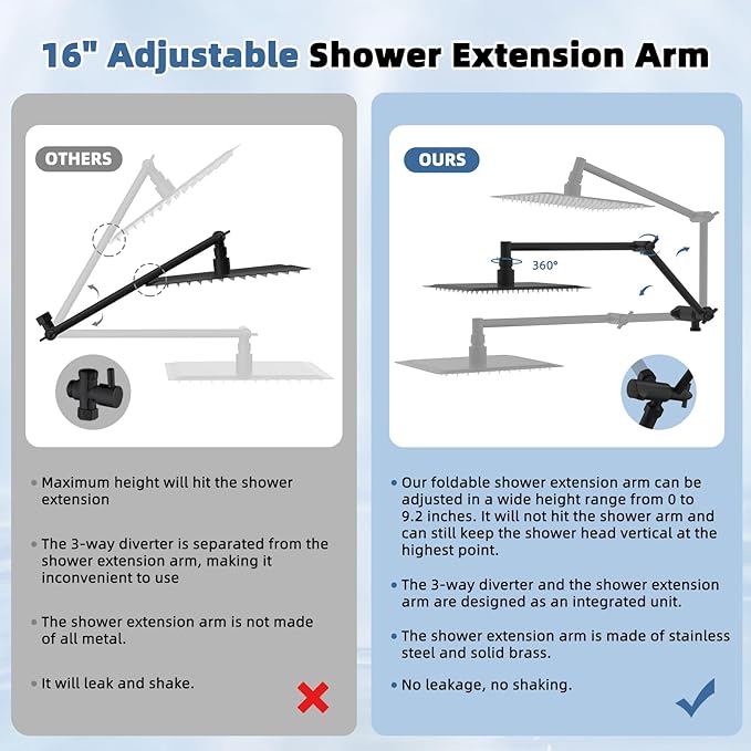Metal Rain Shower Head with Handheld Spray Combo, 8” High Pressure Rainfall Shower Head with16" Shower Extension Arm, 10-Spray Handheld Built-in Power Wash, Solid Brass 3-Way Diverter, Matte Black