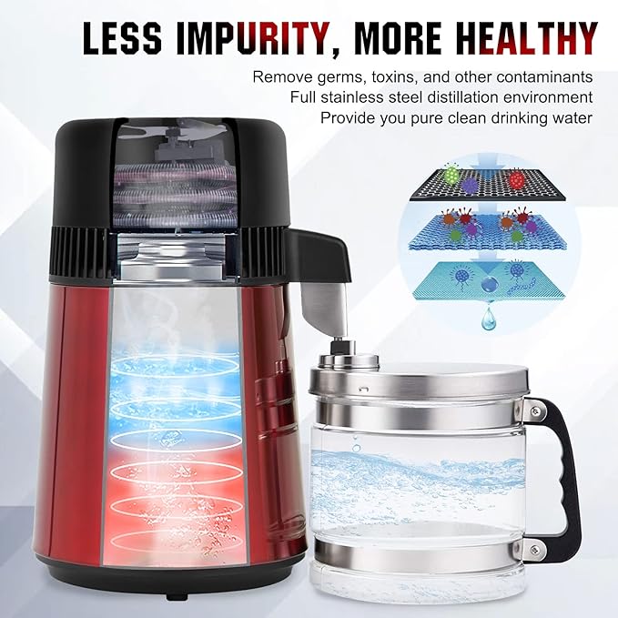 DC HOUSE Upgrade 1 Gallon Water Distiller, 4L Stainless Steel Home Countertop Drinking Pure Water Distiller Machine with On Off Switch, Glass Container