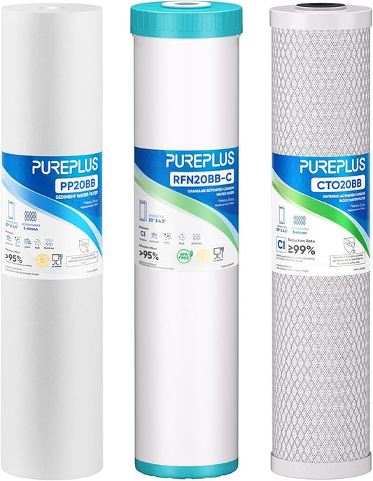 PUREPLUS 4.5"x20" 3-Stage Whole House Water Filter Cartridges, Sediment, Granular Activated Carbon, and Activated Carbon Block, Replacement for F3WGB32BM, AP810-2, GAC-20BB, FG25B-KS, EPM-20BB, FC25B