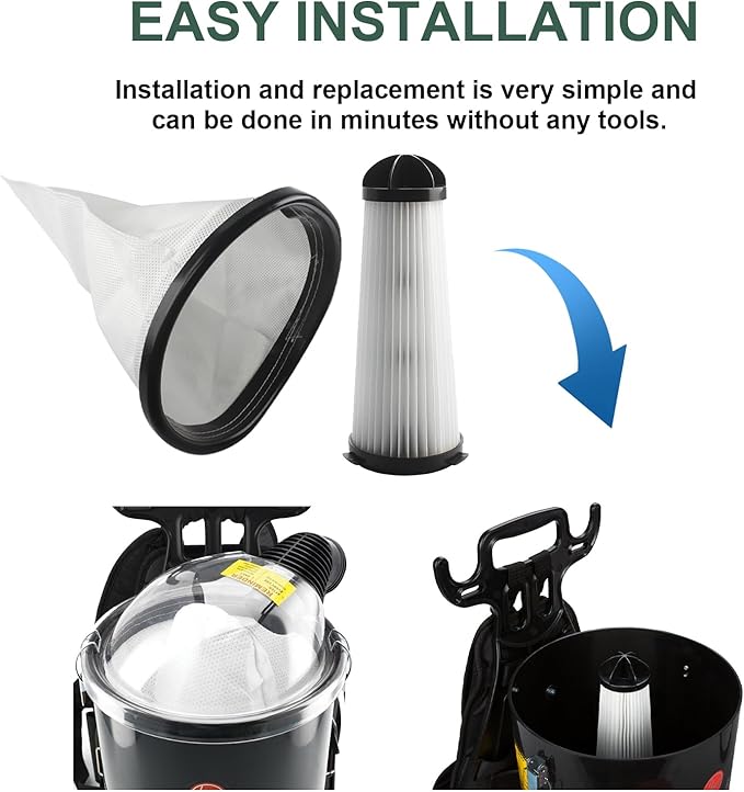 2KE2105000 HEPA Cloth Bag Liner and 2KE2110000 Replacement Filter Fit for Hoover Shoulder Vac Pro Vacuum Cleaner C2401 and for Royal RY4000, RY4001 backpack Vacuum