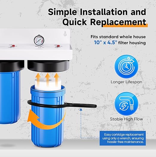 PUREPLUS 2-Stage Whole House Water Filtration System, 10"x4.5" Universal Home Filtration, with Sediment, Carbon Block Filter, Reduce Chlorine, Taste, Odor, Includes Pressure Gauges, 1" Inlet/Outlet