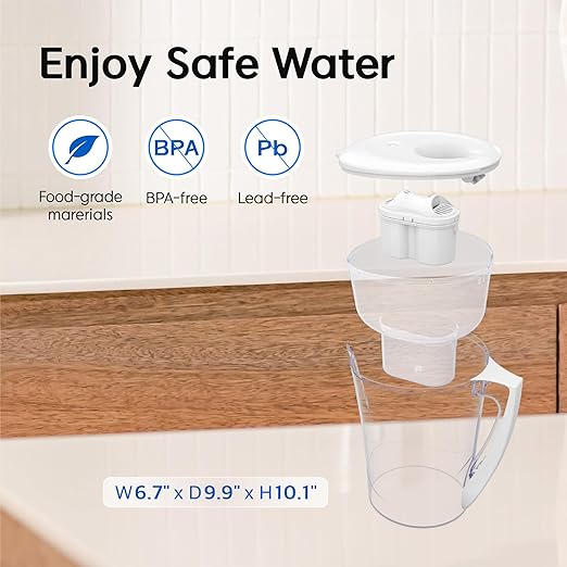 Pureal Water Pitcher PPJ-350, WQA Gold Seal-Certified Water Purifier Reduces Chlorines and Chloroform, Chubby Large-Capacity (10 Cups) with Smart Filter Change Indicator