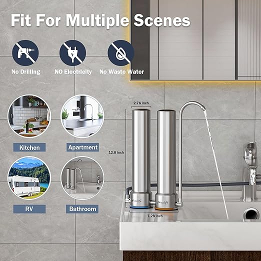 Frizzlife DS99 Countertop Water Filter System, 8-Stage Stainless Steel Water Filter for Sink Faucet, 0.5 Micron NSF Certified Elements Reduces 99.99% Lead, Chlorine, Heavy Metals, Bad Taste & Odor