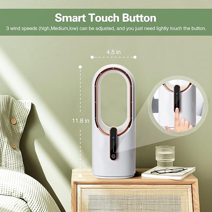 CONBOLA Desk Fan Small Quiet, Battery Operated Portable, Bladeless Desktop Fan with 3 Cooling Speeds, 11.8 Inch Touch Control Personal Fan for Bedroom, Office, Home, Outdoor (White)