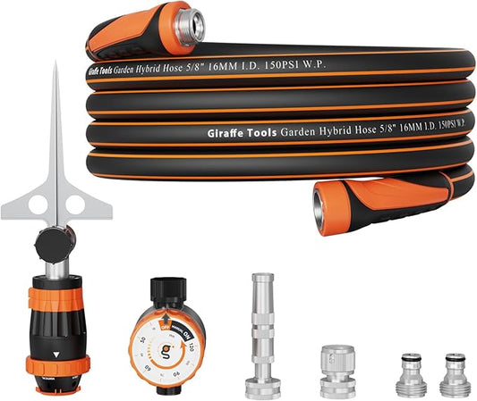 Giraffe Tools Garden Hose 25ft x 5/8", Water Hose Heavy Duty, Flexible with Timer Nozzle and Sprinkle, Lightweight Hybrid Hose with Swivel Handle, Male to Female Fittings, Burst 600 PSI