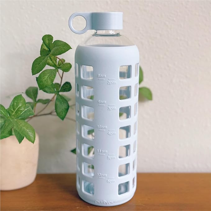 purifyou 40oz / 32oz / 22oz / 12oz Borosilicate Glass Water Bottle with Time & Volume Markers, Silicone Sleeve, Stainless Steel Lid | Reusable Glass Bottle for Water & Juice (32oz Ice Blue)