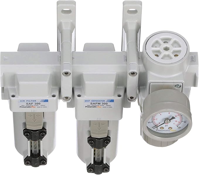 PneumaticPlus SAU330-N03G-MEP Three Stage Compressed Air Drying System - Particulate Air Filter, Coalescing Filter, Air Pressure Regulator Combo 3/8" NPT - Metal Bowl, Manual Drain, Gauge
