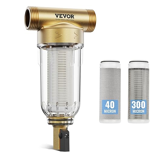 VEVOR 40/300 Micron Sediment Filter, 20GPM Spin Down Water Filter, Reusable Upgrade Flushable Pre-Filtration, Whole House Sediment Filter for Well/City Water, Brass Head, 3/4" FNPT + 1" MNPT