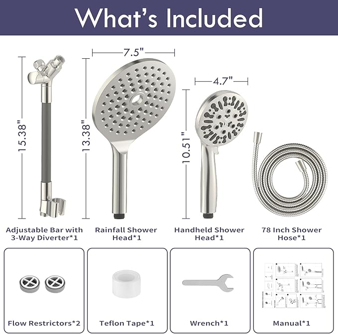 Dual Shower Heads with Handheld Spray, 7.5" Rainfall Shower Head with Handheld Combo, High Pressure Double Shower Heads with Handheld Spray, 9 Modes Showerhead with 78" Hose (Brushed Nickel)