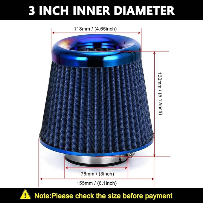 Cold Air Intake Filter, High Performance, Washable Filter, Clamp-On Replacement Air Filter, Flange Diameter 3inch/76mm Blue