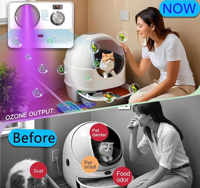 3-in-1 Air Purifier, Cat Litter Deodorizer, Air Freshener for Home with Ozone, Ionizer, U Light – Reduce Pets Poof Odor, Litter Smell, Smoke, Dust,Plug-in to Use