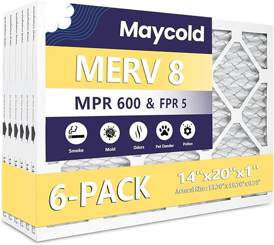 Maycold MERV 8 14x20x1 Furnace Air Filters (6-Pack), Pleated HVAC AC Filters – Actual Size 13.70” x 19.70” x 0.75”, For Residential or Office Use, Individually Wrapped in Plastic