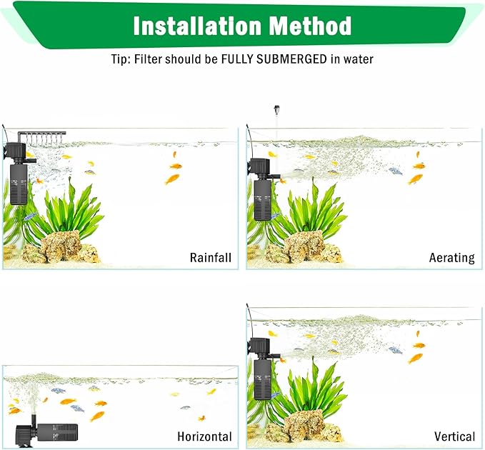 AQQA Aquarium Filter, 3-Stage Filtration, Adjustable Wave Maker & Oxygenator, Quiet 12W 115GPH Submersible Pump, Easy Clean Sponge Filter, for 30 Gallon Freshwater Saltwater Fish Tank 110V/60Hz