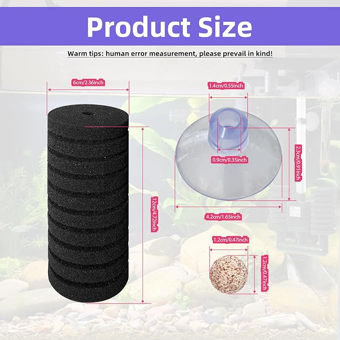 4pcs Filter sponges for Fish Tank Sponge Filter, Ultra Silent Filter for Impurities with Biofilter Media Balls and 4pcs Large Suction Cups for Aquariums