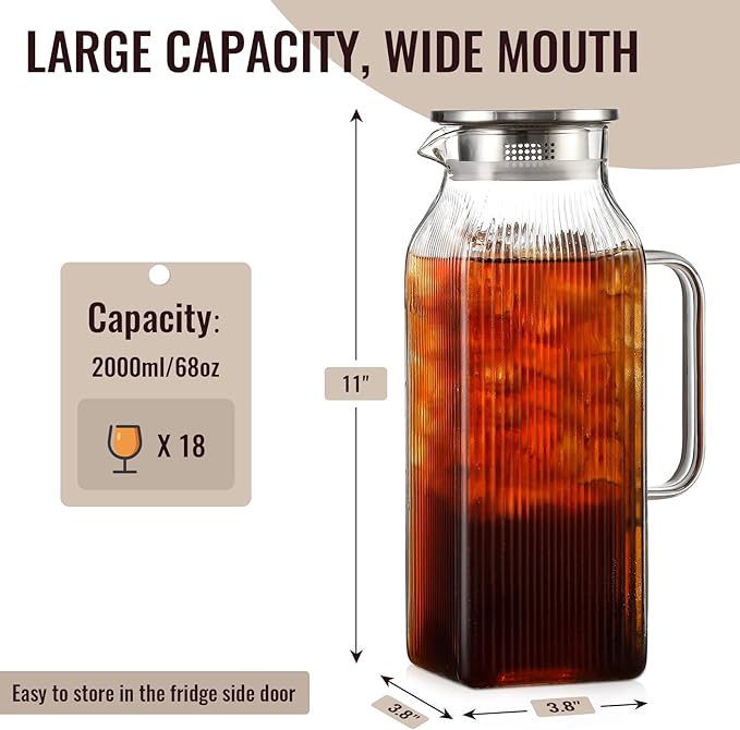 2 Liter/68 oz Square Glass Pitcher with Lid, Classic Stripes Water Pitchers with Handle for Fridge, Large Jug for Iced Tea, Coffee, Borosilicate Glass Carafe for Hot/Cold Brew Drink, Silver
