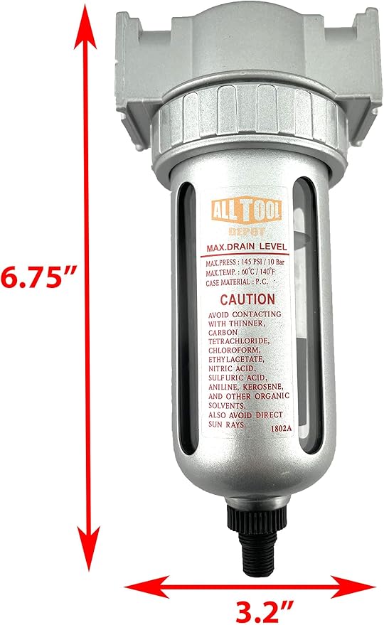 3/8" NPT MID FLOW Particulate Filter/Water Trap For Air Compressor Compressed Air Lines, 5u With Poly Bowl And Metal Bowl Guard (AUTO DRAIN)