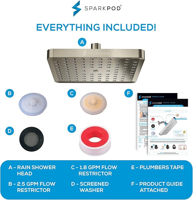 SparkPod Shower Head - High Pressure Rain - Premium Quality Luxury Design - 1-Min Install - Easy Clean Adjustable Replacement for Your Bathroom Shower Heads (Elegant Brushed Nickel, 8 Inch Square)