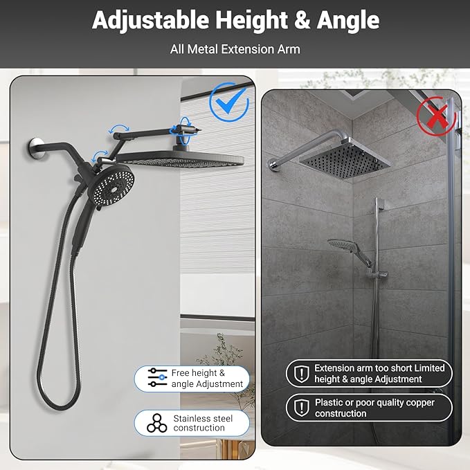 High Pressure Rain Shower Head with Handheld Spray Combo,10 Sprays Handheld Shower Head, Detachable Shower head Built-in Magnetic Docking and Power Jets (Black)