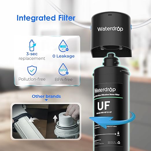 Waterdrop 15UB-UF 0.01 μm Ultra Filtration Under Sink Water Filter System for Baçtёria Reduction, Reduces Lead, Chlorine, Bad Taste & Odor, 19K Gallons, with Dedicated Brushed Nickel Faucet, USA Tech