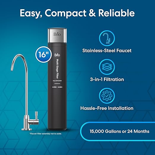 Brio 16" Undersink Water Filtration System for Sink Faucet Drinking Water | 3 Stage Single Housing Filter (0.5 Micron) with Faucet | 15,000 Gallons or 2 Years | Filters Dirt, Chlorine, Lead, Mercury+