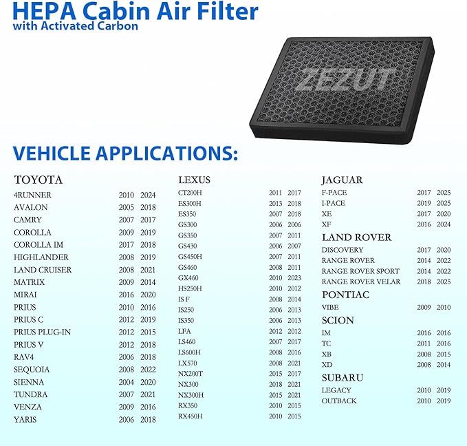CF10285 (CP285) Cabin Air Filter with Activated Carbon Beads – Fits Toyota & Lexus Vehicles: Camry, RAV4, Highlander, Corolla, 4Runner, Tundra, Prius, Subaru, Avalon | Honeycomb Structure