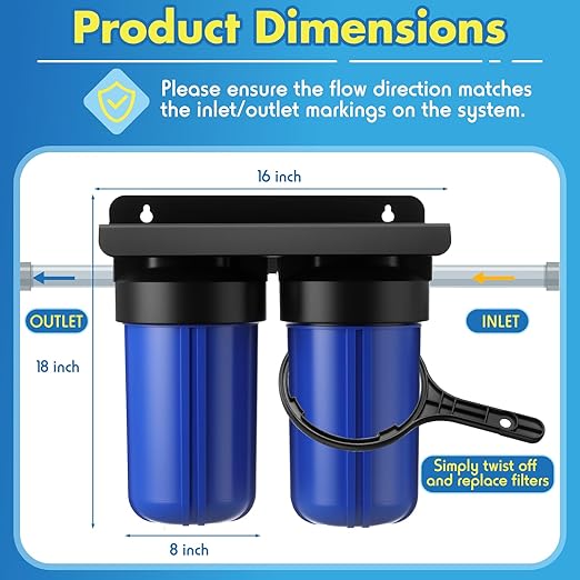 VIHOSE 2-Stage Whole House Water Filter System with 10" x 4.5" Carbon Filter and Sediment Filter, 5-Stage Filtration, 1" Inlet/Outlet, High Lead, Chlorine, Odor and RV Well Water Softener