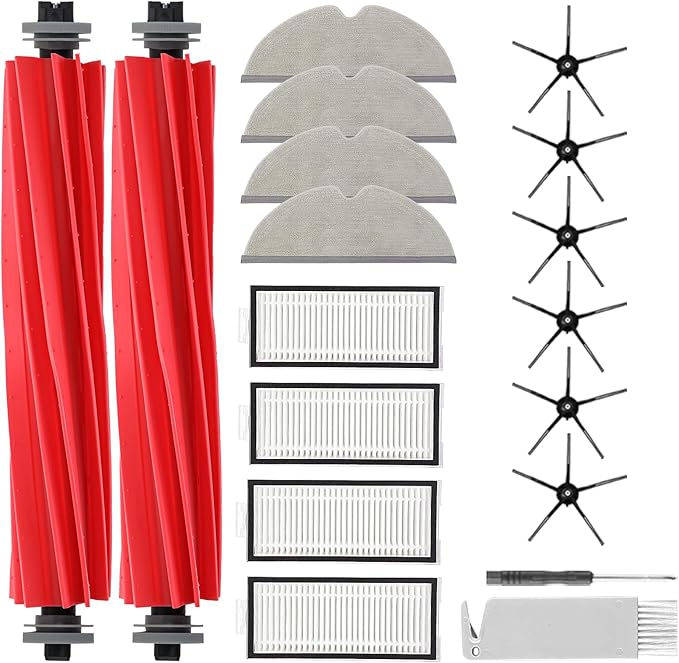 18Pcs Q7 Accessories Kit Replacement Compatible with Roborock Q7 / Q7+ / Q7 Max / Q7 Max+ Robot Vacuum, 2 Main Brush, 4 Mop Cloth Pads, 6 Side Brushes, 4 Washable Filter, 1 Tool (Not for Q7 M5)