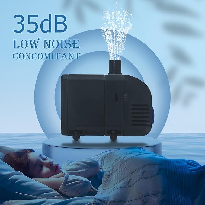 TARARIUM Submersible Pump 160GPH Small Fountain Water Pump 8W for Aquarium Fish Tank, Pond, Fountain, Hydroponics （600L/H）