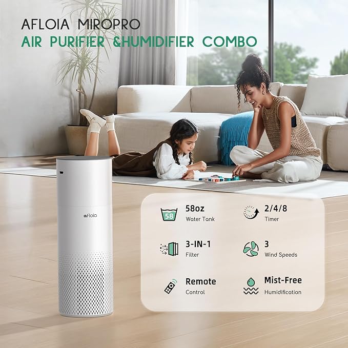 Afloia Humidifier and Air Purifier in One, 3-Stage Filter Cleaner Evaporatively Humidify Combo Remove Pets Dust Dander Hair Allergy Pollen Smoke Smell for Home Bedroom Large Room, 24dB Quiet