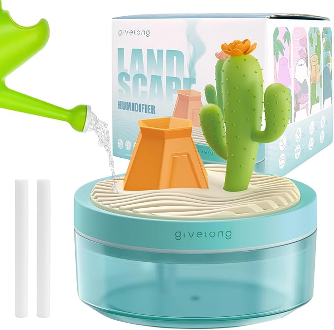 Mini Portable Desktop Humidifiers for Bedroom,Small Humidifier with Cactus Landscape,Quiet,Cool Mist, Auto Off,7 Colors Night Light,320ml Air Humidifier Home Office Travel (Green)