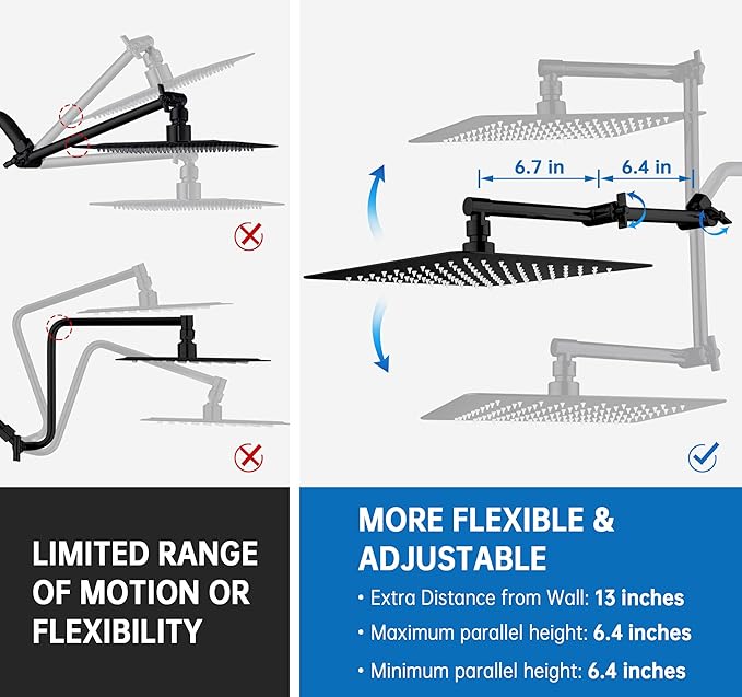 G-Promise All Metal 10 Inches Rainfall Shower Head with Handheld Spray Combo, 3 Settings Diverter, Adjustable Extension Arm with Lock Joints, 71 Inches Stainless Steel Hose (Matte Black)