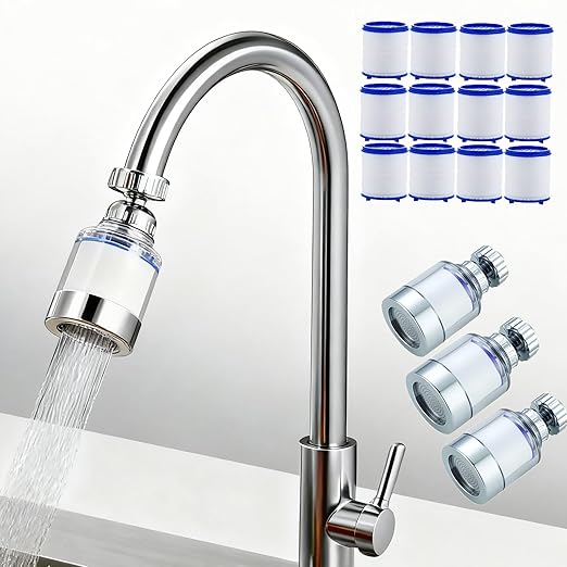3 Pack Sink Water Filter Faucet, Universal 360 ° Rotating Bathroom Sink Filter, Kitchen Faucet Water Filter Removes Chlorine Fluoride Heavy Metals Hard Water for Home Bathroom Kitchen
